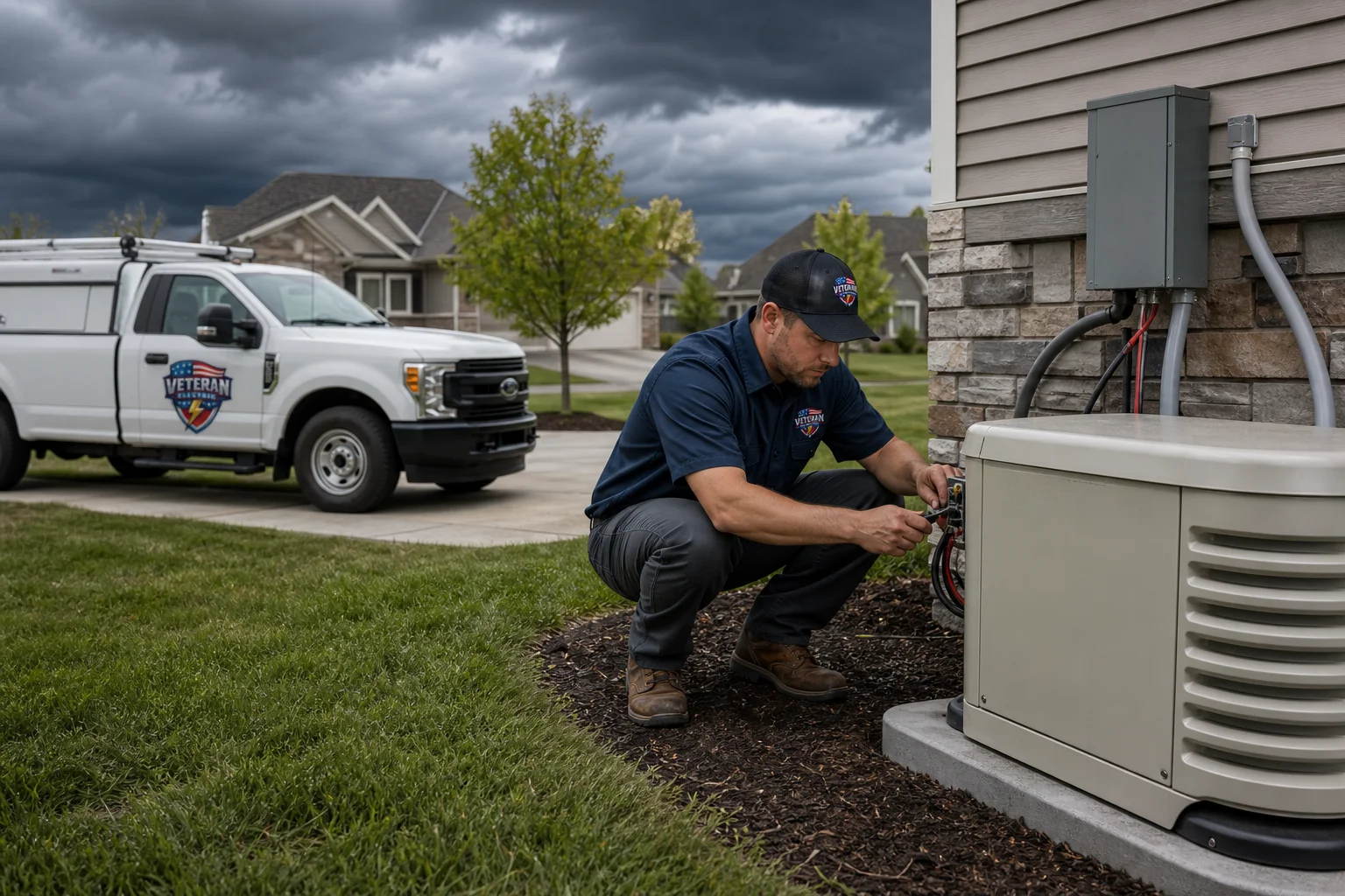 Licensed electrician performing whole-home generator installation outside a Kansas City home