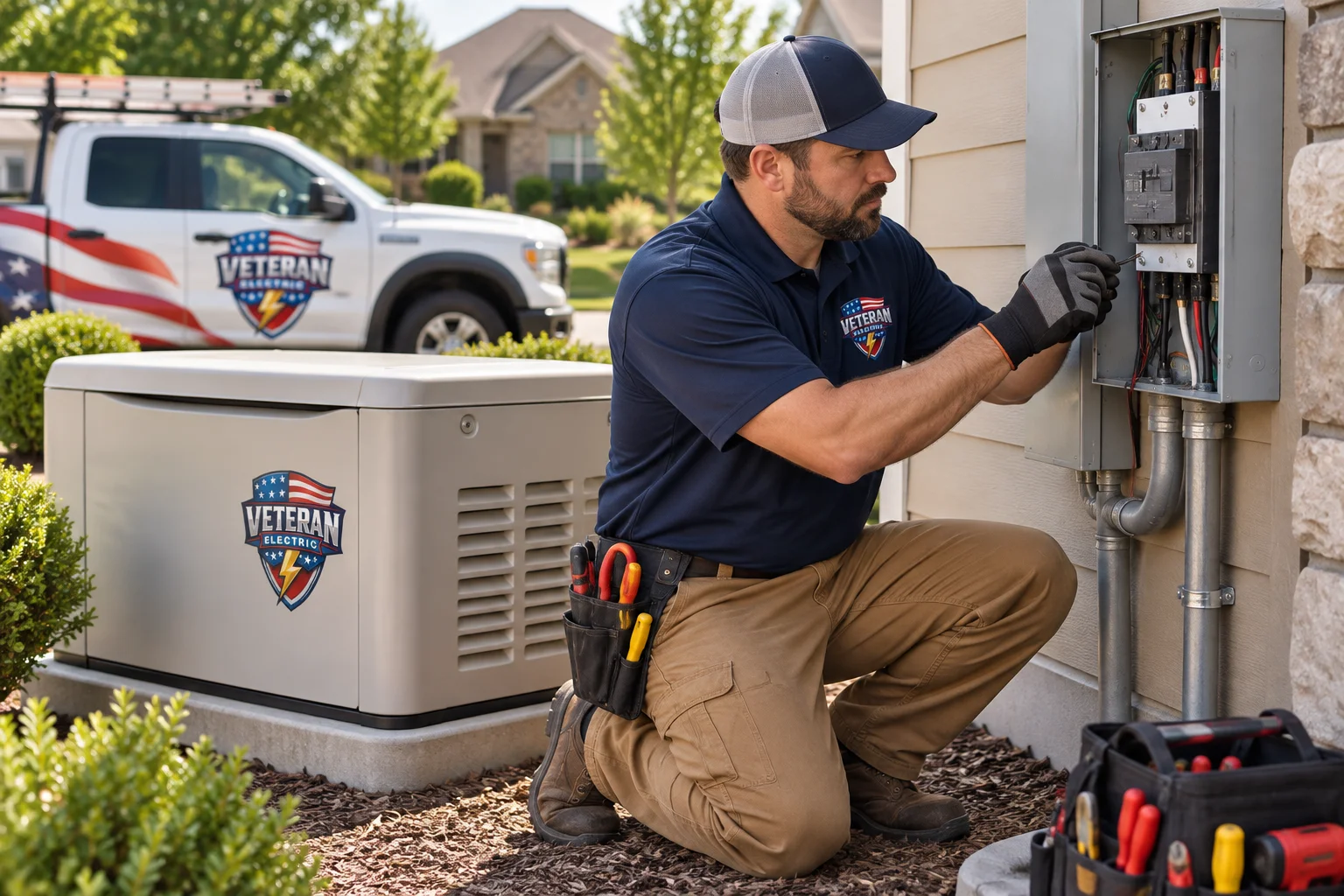 Licensed Kansas City electrician installing a whole home standby generator near a 100 amp panel