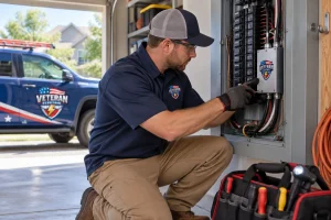 Licensed Kansas City electrician installing a whole-house surge protector inside a home's electrical panel