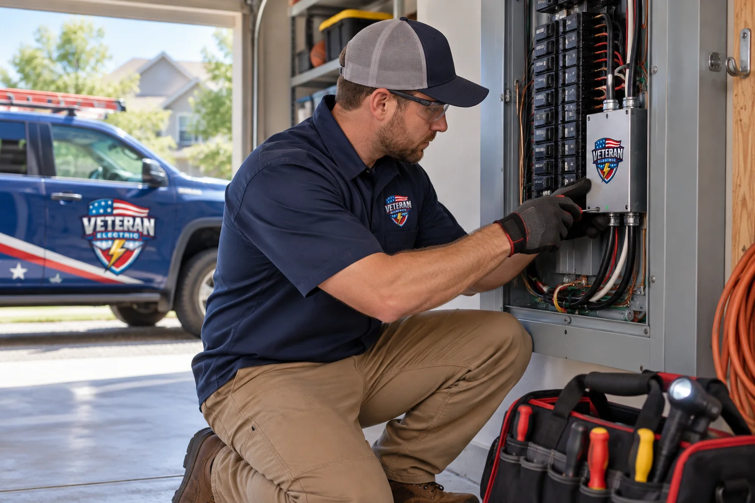 Licensed Kansas City electrician installing a whole-house surge protector inside a home's electrical panel
