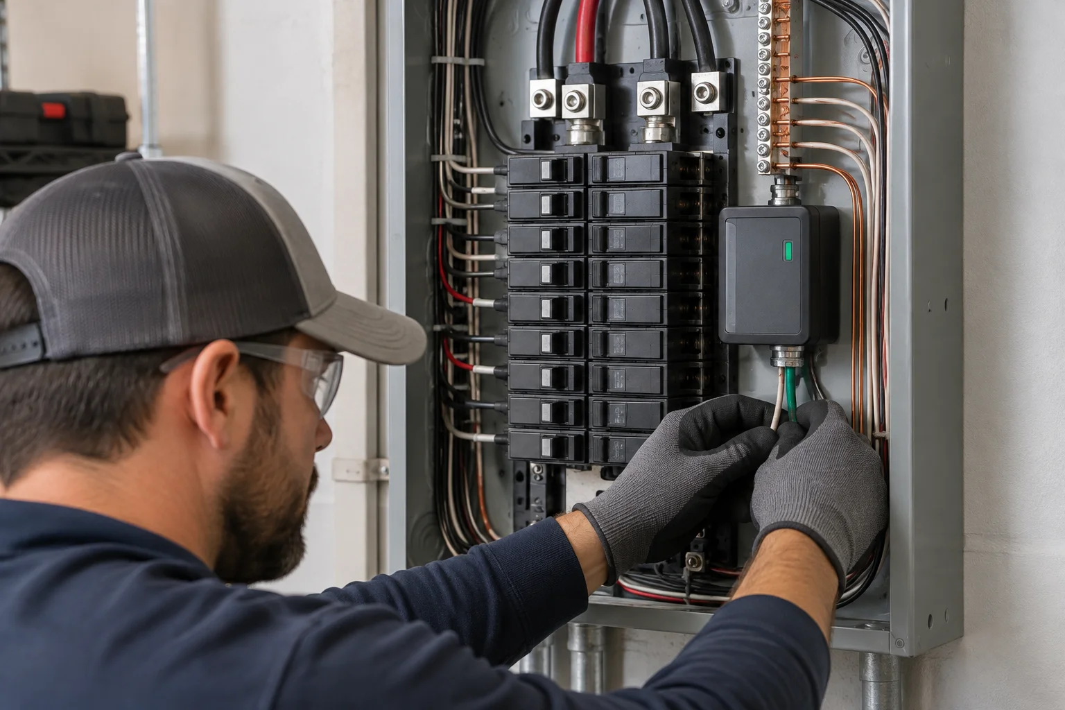 Electrician installing a whole-house surge protector inside a Kansas City home's breaker panel