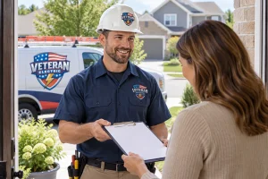Licensed electrician in Kansas City handing license and insurance paperwork to a homeowner at the front door