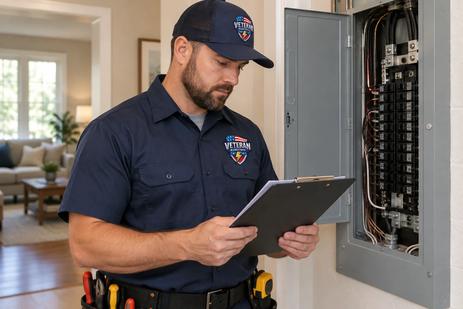 A licensed electrician in a work uniform reviewing a residential electrical panel and paperwork in a Kansas City home