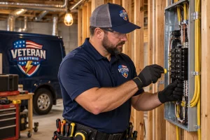 Licensed electrician performing basement finishing electrical work on a panel in a Kansas City basement