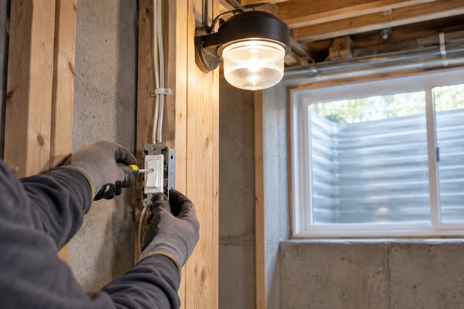 Electrician inspecting a basement egress window light fixture and switch during a Kansas City remodel
