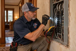 Veteran Electric electrician inspecting aluminum wiring and branch circuits in an open panel during a full copper rewire vs targeted remediation evaluation