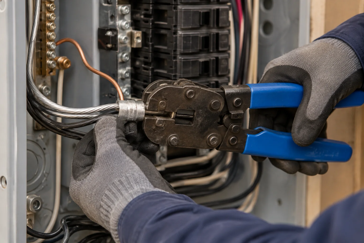 Electrician's gloved hands using a specialized crimping tool on a COPALUM connector repair inside an open panel