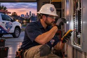 Licensed Veteran Electric electrician inspecting a breaker panel after half the house lost power