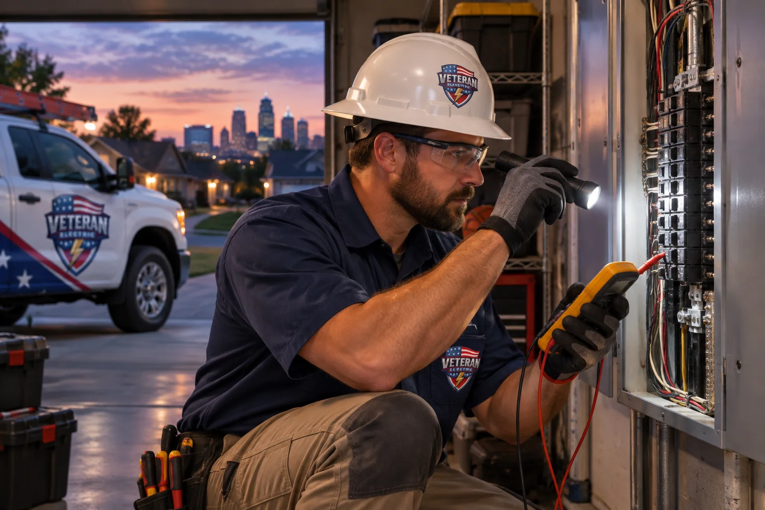 Licensed Veteran Electric electrician inspecting a breaker panel after half the house lost power