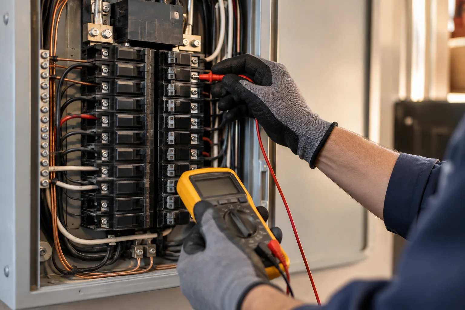 Close-up of an open breaker panel with an electrician's hand testing a circuit breaker