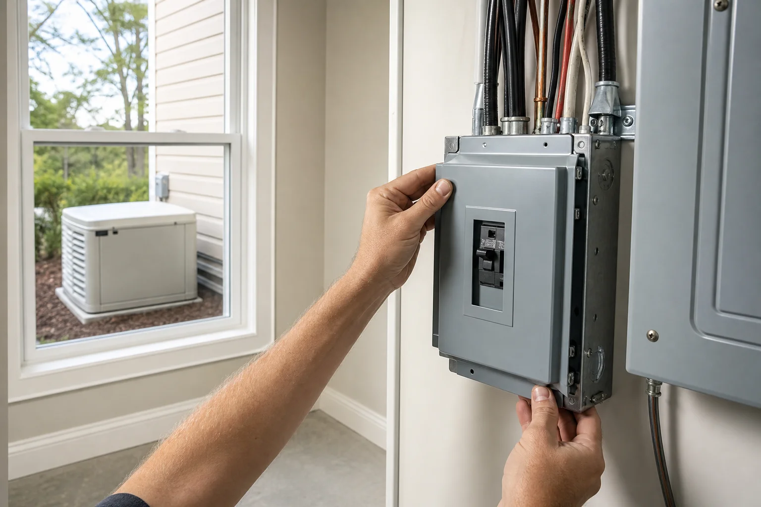 Automatic transfer switch mounted beside a home's 100 amp electrical panel